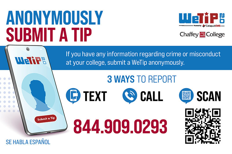 Wetip. Submit a tip anonymously by texting or calling 844-909-0293