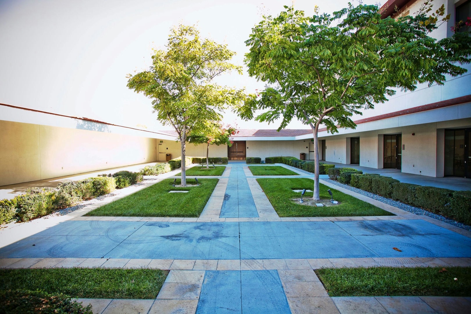 A courtyard with light beige buildings, green grass, and light-blue paved walkways. Trees are visible.