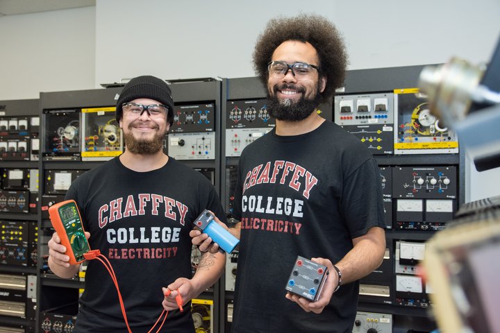 Students in the industrial electrical technology program pose with equipmet.