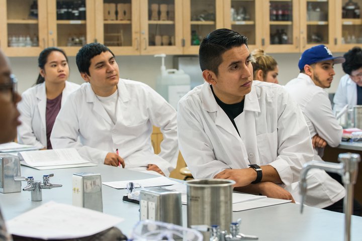Students listen to a chemistry lecture.