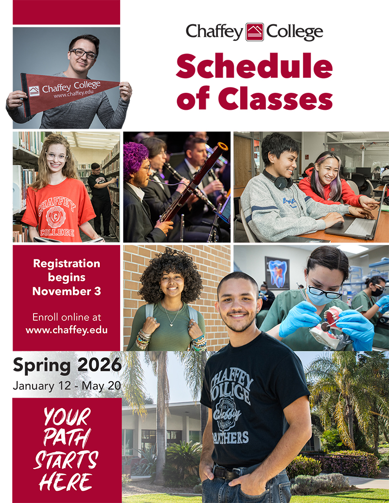 Students in different academic settings. Text on the image reads: Schedule of Classes Registration begins April 28