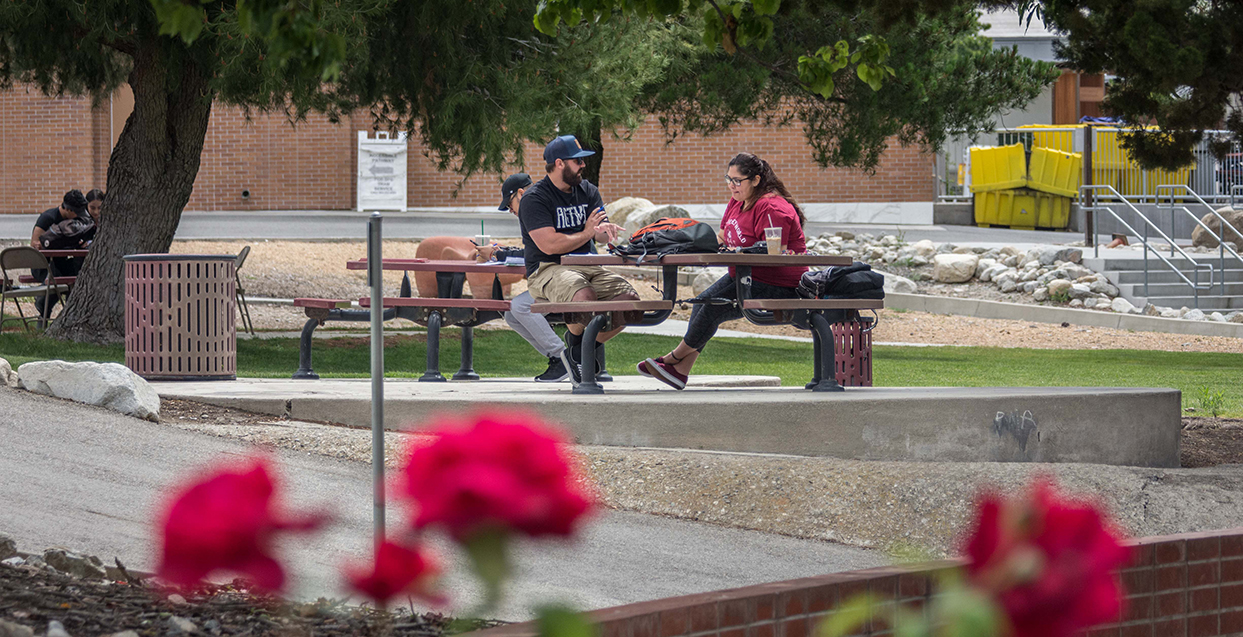 Students gather on campus to chat.