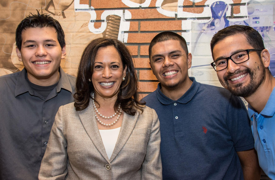 student Luis Rivas, Senator Kamala Harris, student and InTech intern Abraham Baeza, and apprentice Erick Martinez