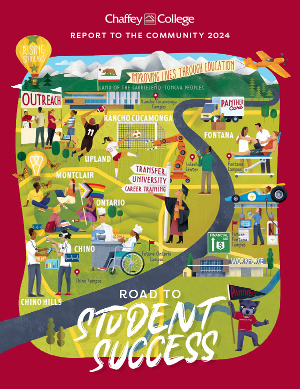 A map showing Chaffey College campuses and programs, highlighting Road to Student Success. Locations include Rancho Cucamonga, Fontana, Upland, Ontario, and Chino.