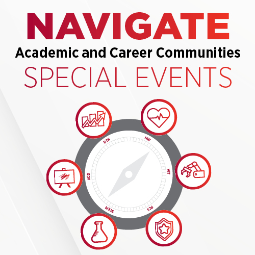 A compass-like graphic, showing different icons, and the words & Academic and Career Communities, and "SPECIAL EVENTS"