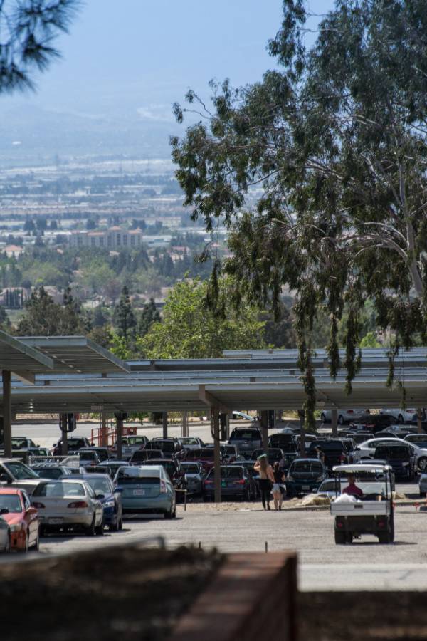 Vehicles fill the parking lot at the Chaffey College Rancho Cucamonga campus