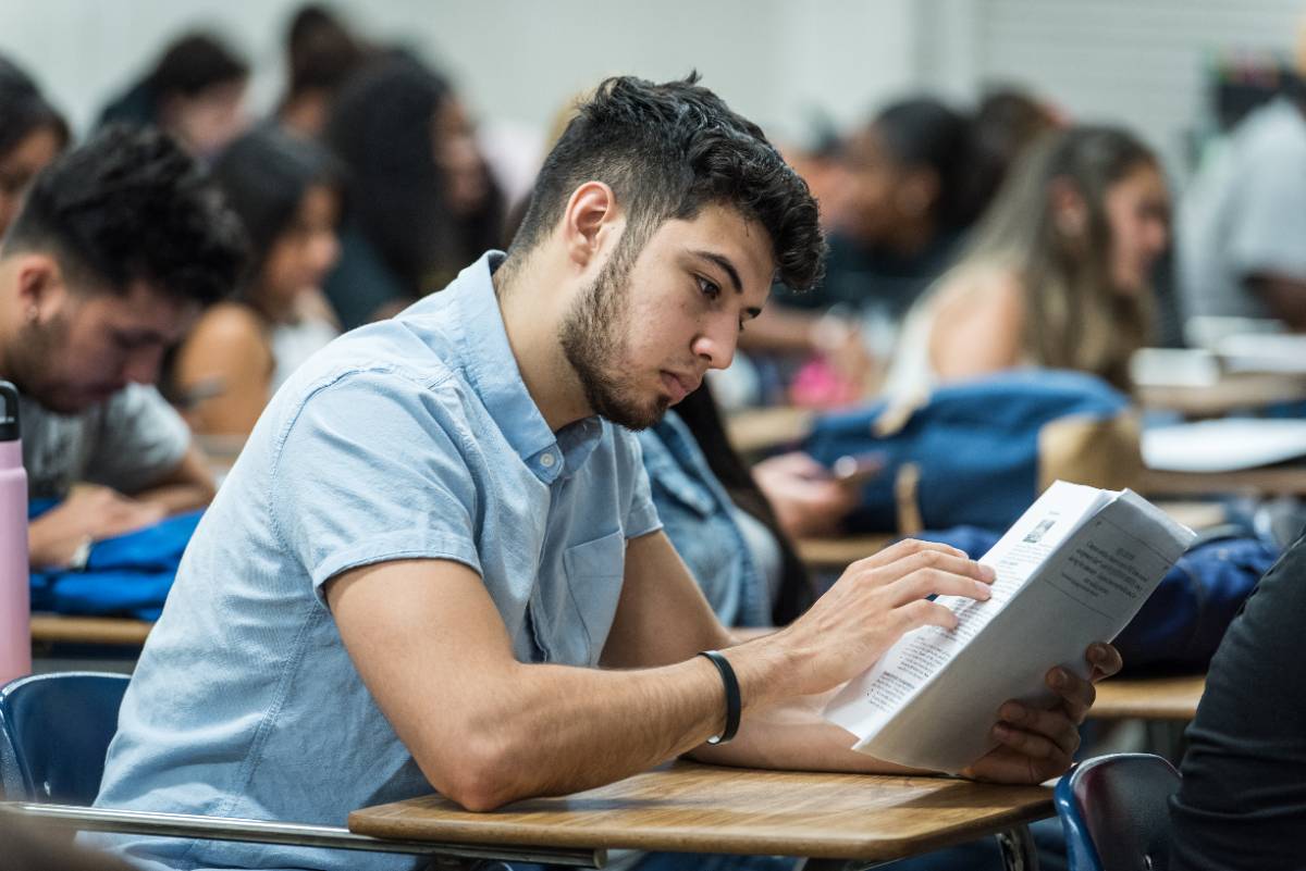 A student studies a document in a psychology class at Chaffey College's Rancho Cucamonga campus.