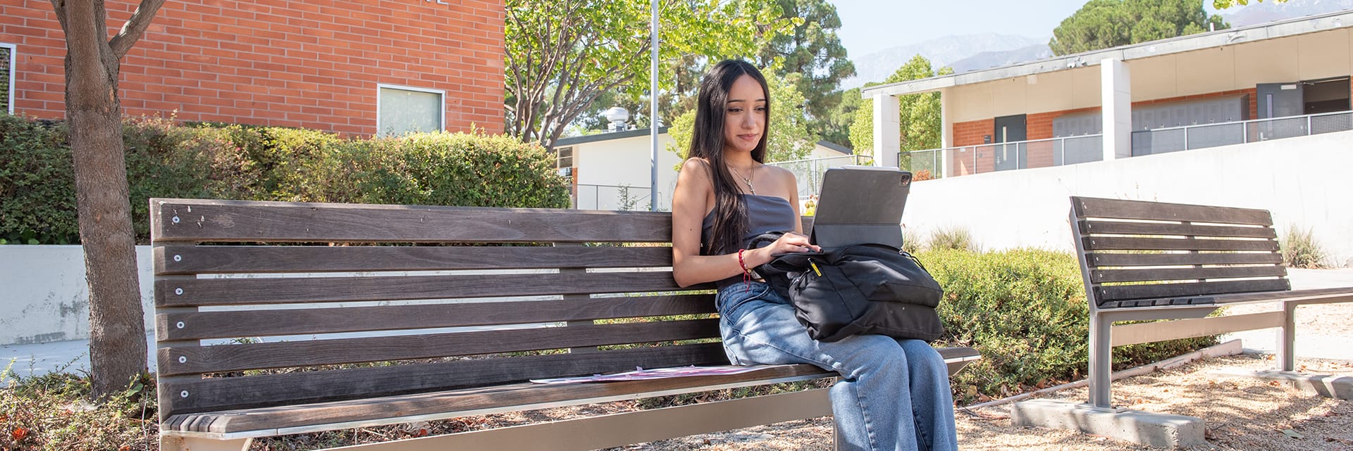 A student sits on a bench, using a laptop computer. Brick building and trees are in the background.