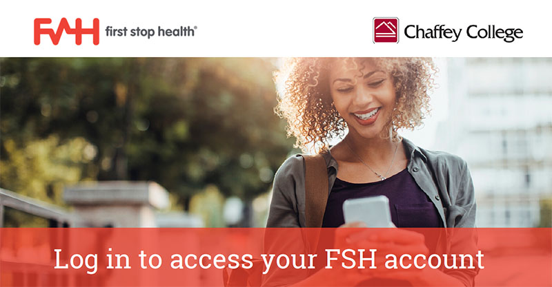 Female student smilimg while looking at her phone. Log in to access your FSH account.